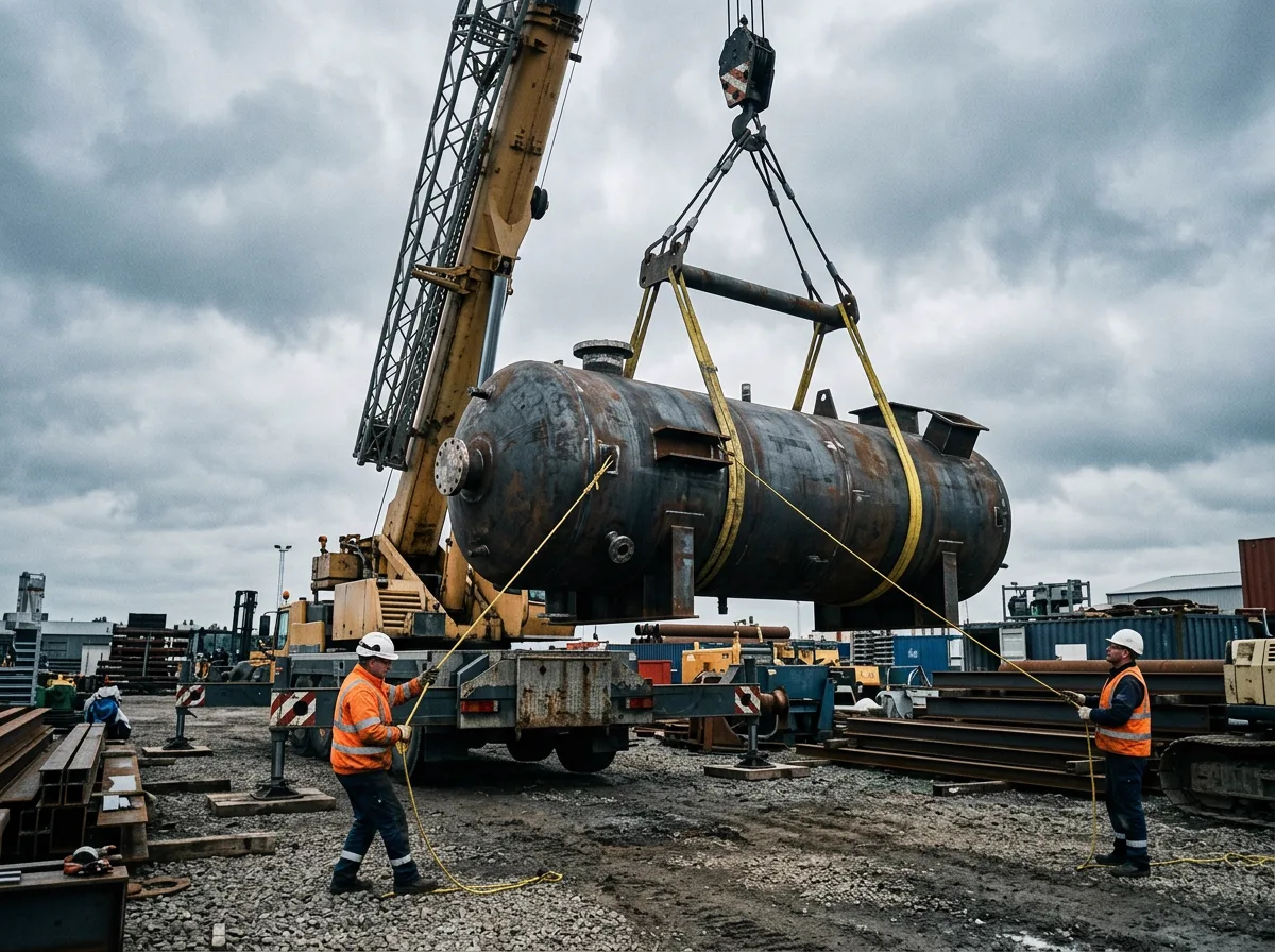 Mobile crane lifting an industrial vessel while riggers steady the load