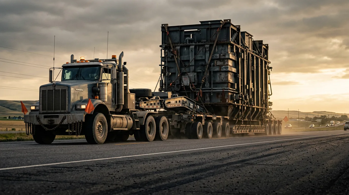 Heavy-haul tractor-trailer carrying an oversized industrial load